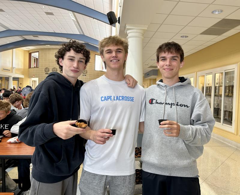 Sampling chicken tinga to kick off National School Lunch Week Oct. 14 are Cape High students (l-r) Quinn Lobley, Logan Felker and Jack Shockley. ELLEN DRISCOLL PHOTOS